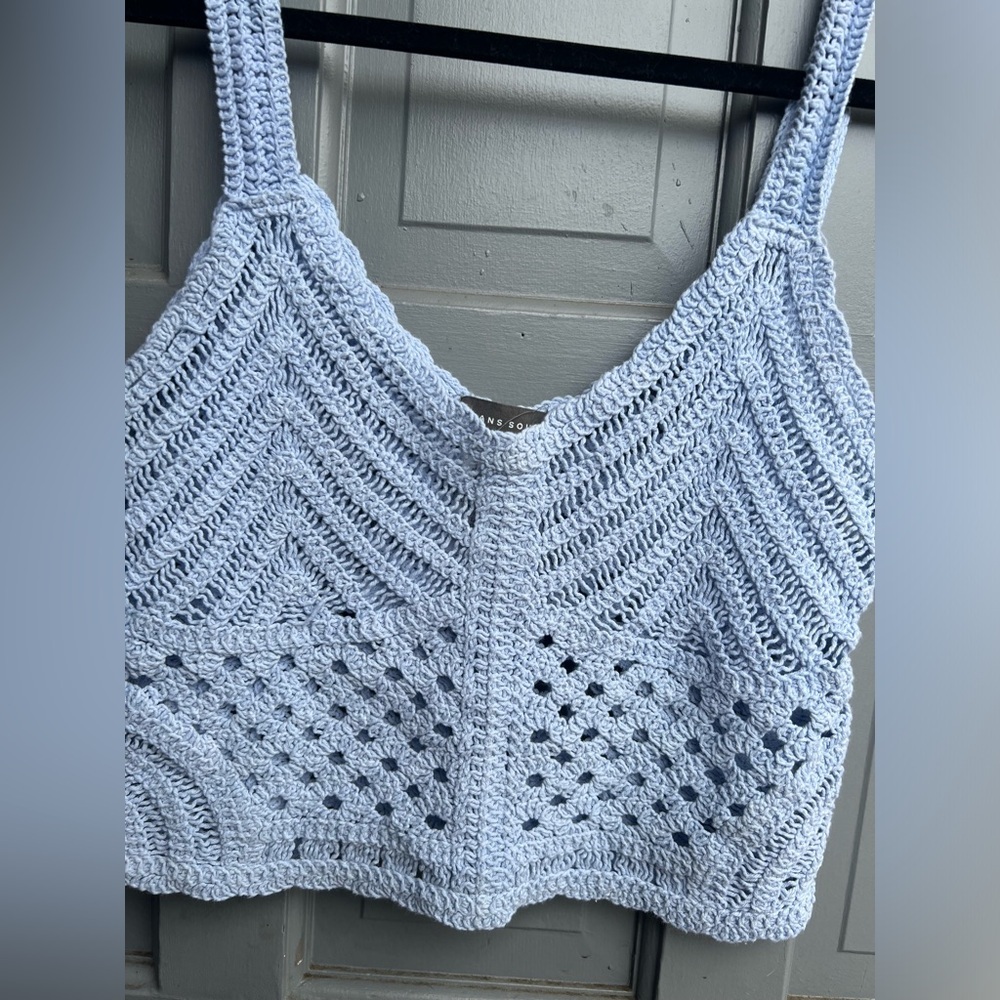 Sans Souci light blue knit sleeveless top size small 100% cotton, bohemian style - Picture 3 of 7
